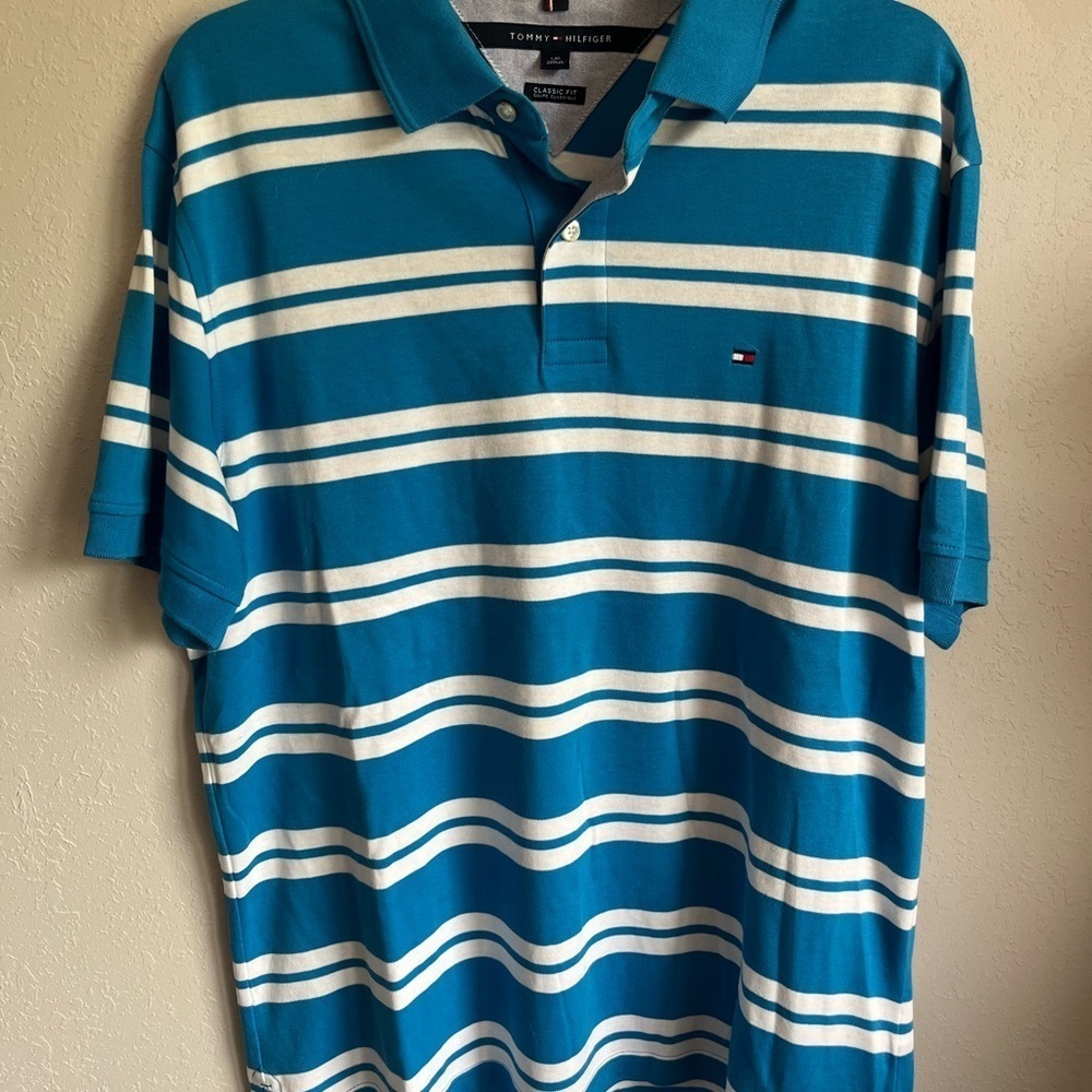 Men’s Blue And White Striped Tommy Hilfiger Short Sleeve Classic Fit Polo Size L